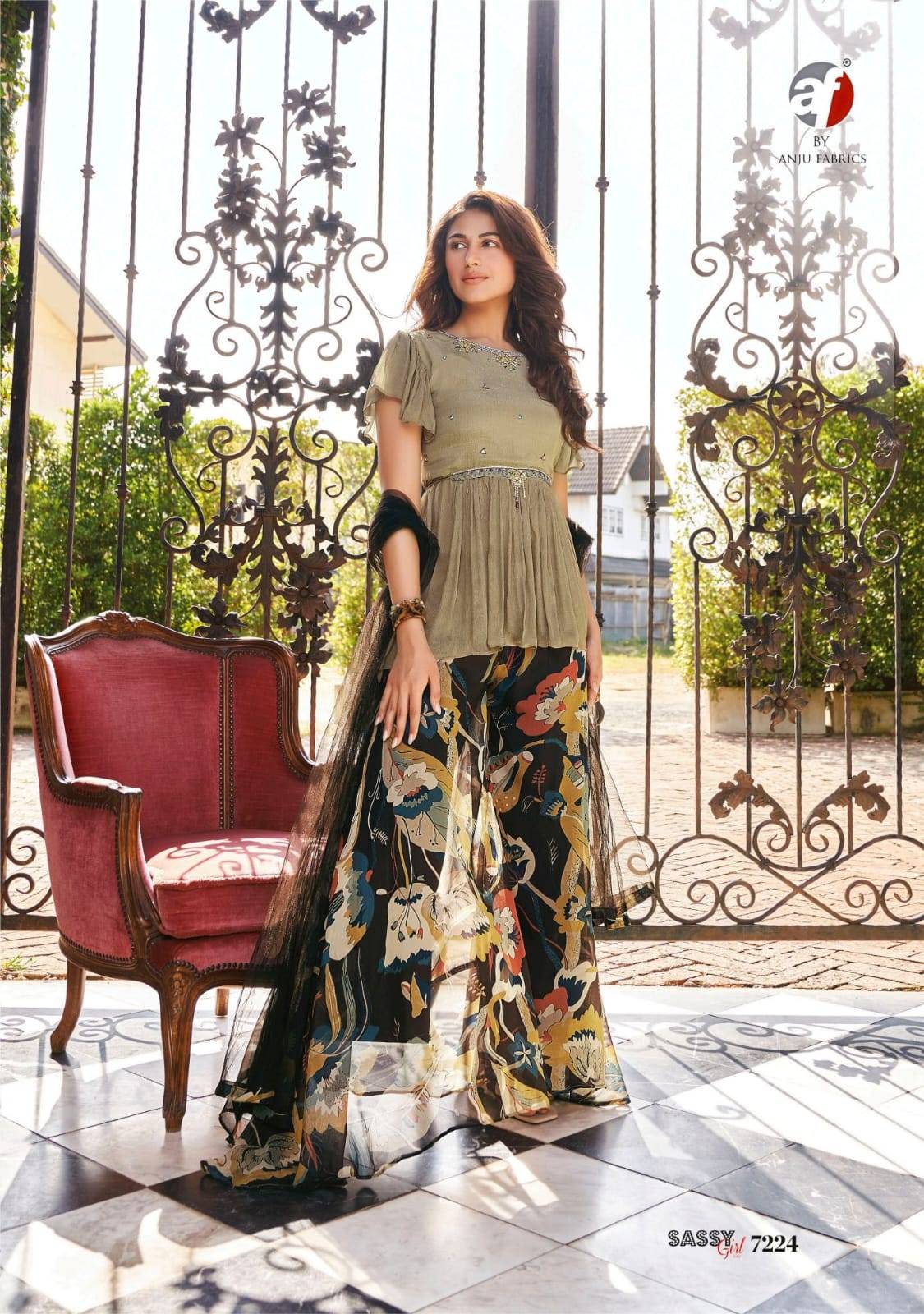 Sassy girl vol-3 by Anu fabrics 7221 TO 7226 SERIES Indian PURE CHINON CHIFFON party wear designer kurti with palazo At Wholesale Price